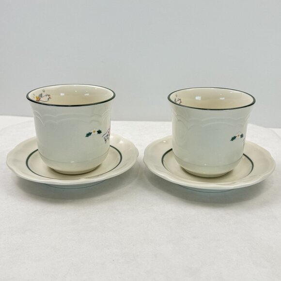 Vtg Set of 2 Pfaltzgraff Snow Village Christmas Farmhouse Coffee Mug Saucer Set - Picture 6 of 16